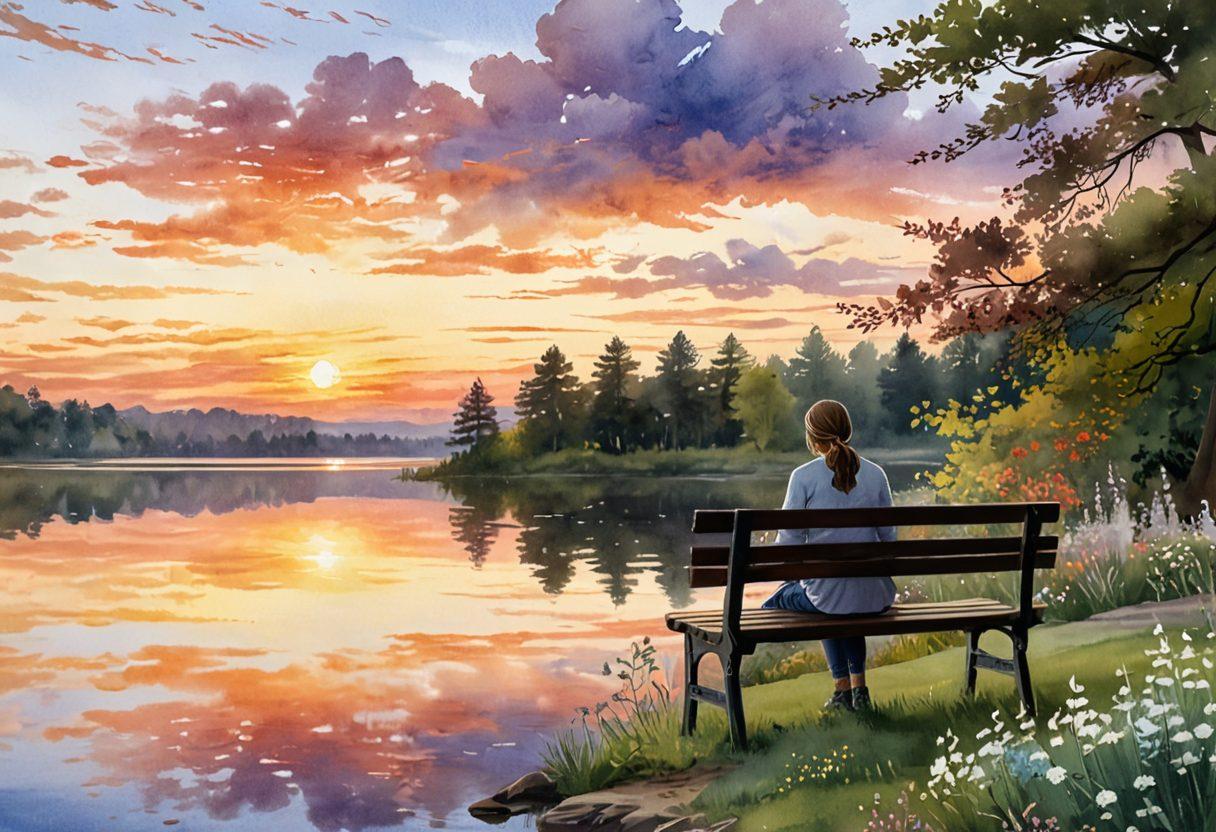 A serene landscape with a gentle sunset casting warm hues over a quiet lake, symbolizing hope and healing. In the foreground, a person sitting on a bench, gazing thoughtfully, surrounded by blooming flowers. Soft, swirling clouds above evoke a sense of calmness. A delicate, ethereal light shines down, creating an atmosphere of comfort and solace. watercolors. tranquil. soft focus.
