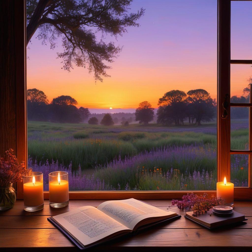 A serene landscape at twilight, where soft shadows blend with warm hues of orange and purple in the sky. In the foreground, an open notebook lies on a wooden table, filled with heartfelt messages, surrounded by flickering candles and scattered wildflowers. Gentle silhouettes of trees frame the scene, symbolizing comfort and solace during tough times. The overall mood conveys reflection and hope amidst darkness. super-realistic. warm colors. peaceful ambiance.