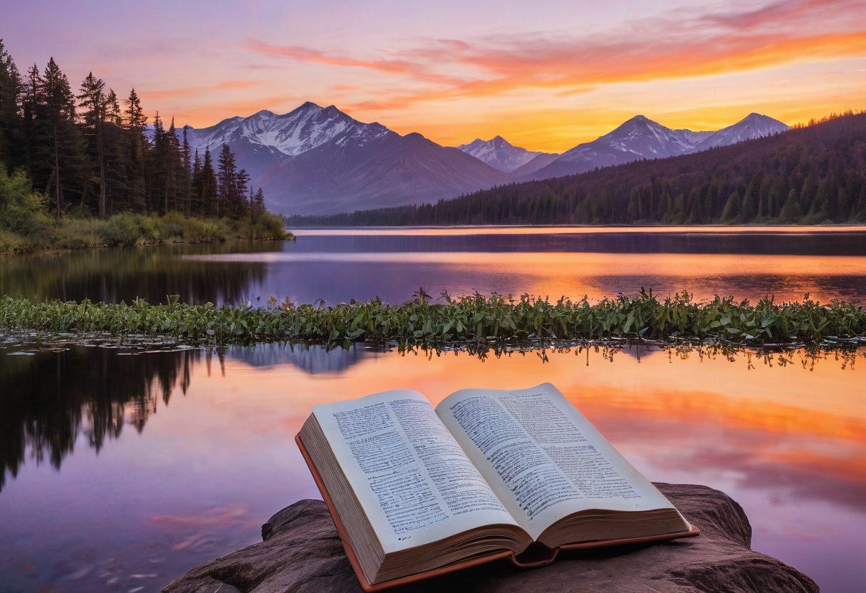 A serene landscape at sunset, with a tranquil lake reflecting soft orange and purple hues; in the foreground, an open book with pages fluttering, featuring handwritten quotes about resilience and comfort; gentle ripples on the water symbolize life’s challenges, while distant mountains evoke strength and stability. painterly style. warm colors. calming atmosphere.